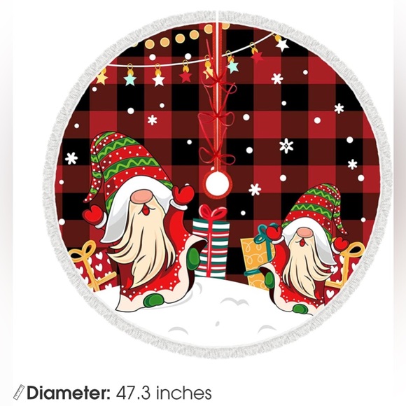 Christmas Gnomes Tree Skirt on Buffalo Plaid w Fringes Red Black Flannel 4&” NEW - Picture 2 of 7